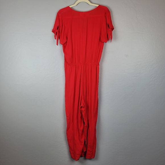 Hiatus Short Sleeve Holiday Red‎ Rayon Wrap Jumpsuit Boho Cropped Wide Leg - Picture 8 of 10
